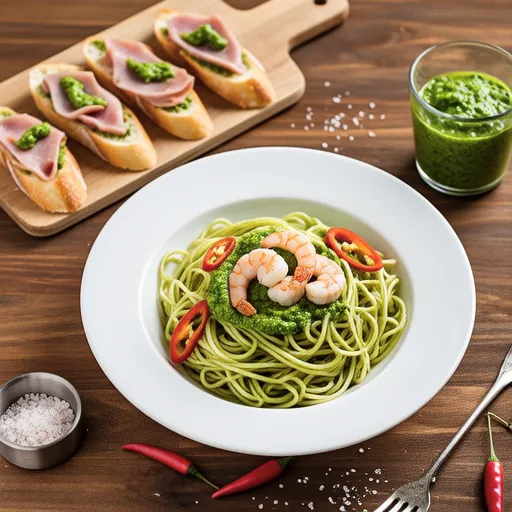 Green Chili Pesto Pasta & Bruschetta