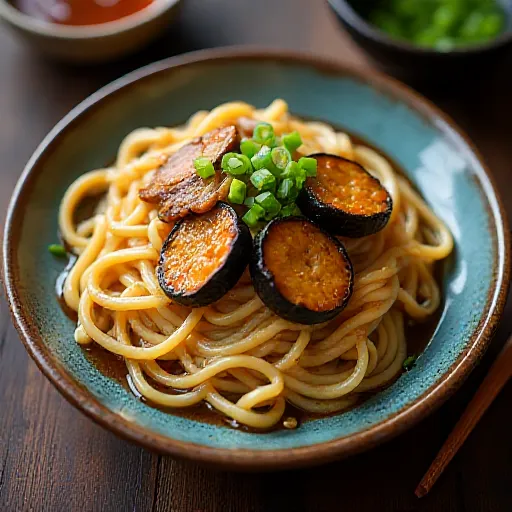 Mì udon xào cà tím và thịt gà
