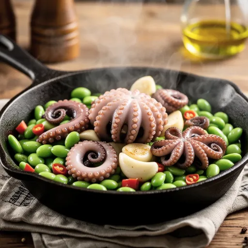Edamame, Bacon, and Octopus Ajillo