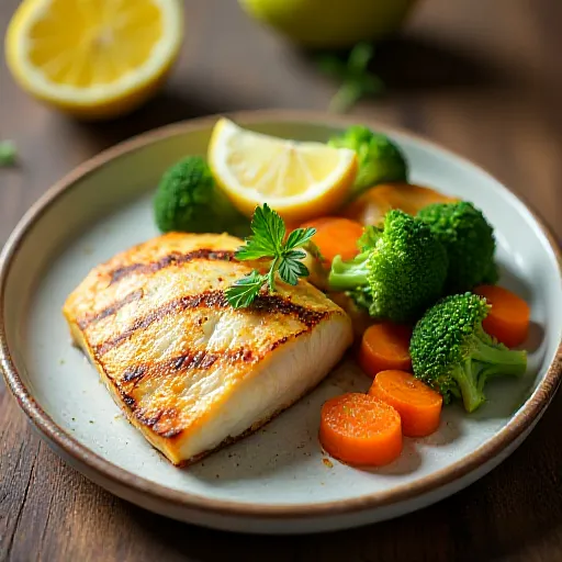 Gegrillter Fisch mit gedünstetem Gemüse-Teller