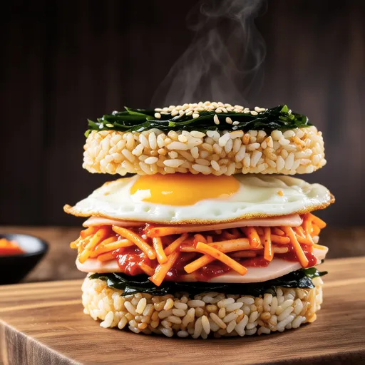 Rice Burger with Stir-fried Spam and Kimchi