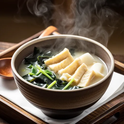 Miso Soup with Fried Tofu, Wakame, and Mochi