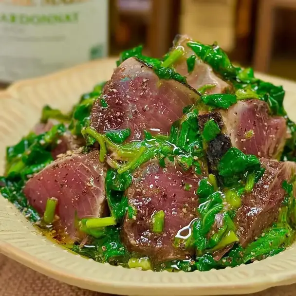 カツオとモロヘイヤの柚子胡椒マリネ