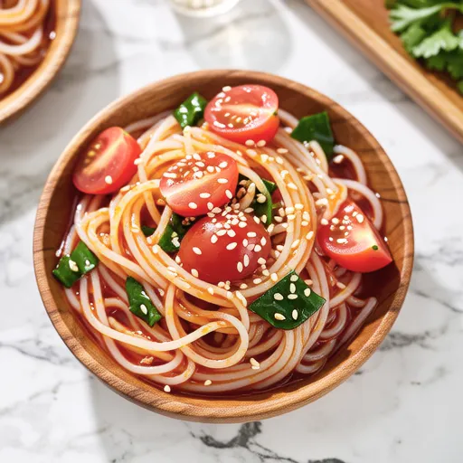 Spicy Glass Noodle Salad with Tomato and Mizuna