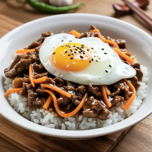 Beef and Bell Pepper Rice Bowl with Egg Yolk