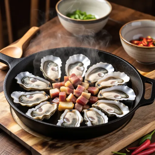 Oyster, Komatsuna, and Bacon Ajillo