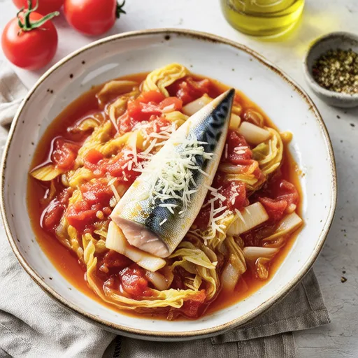 Simmered Mackerel and Chinese Cabbage in Tomato Sauce